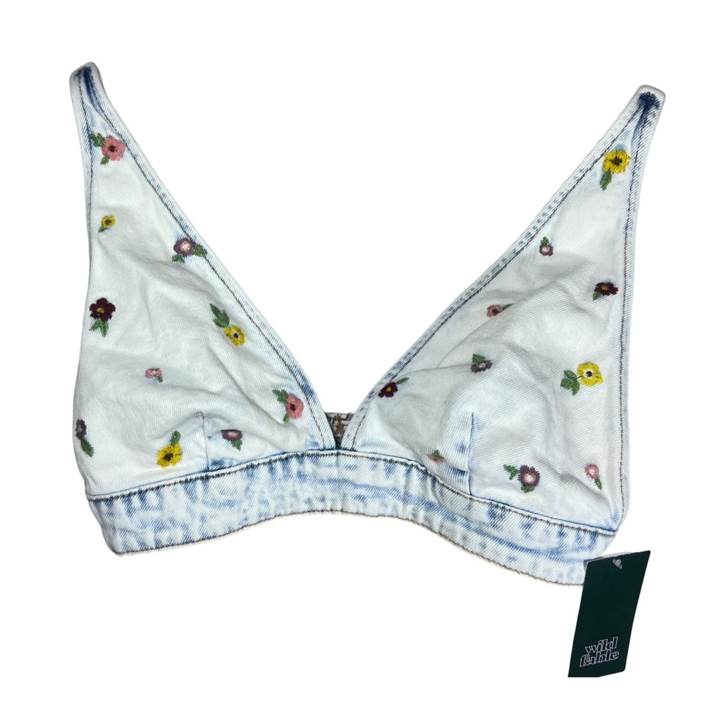 Wild Fable Womens Floral Embroidered Denim Bralette Top Light Wash XS Boho NWT